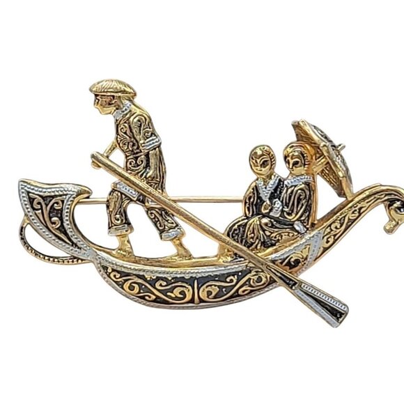 Damascene Gondola Brooch Vintage Spain Couple w/Umbrella Detailed Gold Plating - Picture 8 of 9